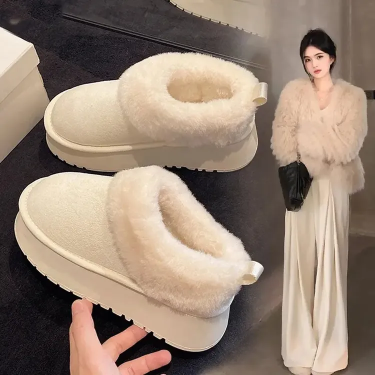 白色厚底加绒加厚雪地靴子女2025秋冬季新款一脚蹬毛毛鞋东北棉鞋