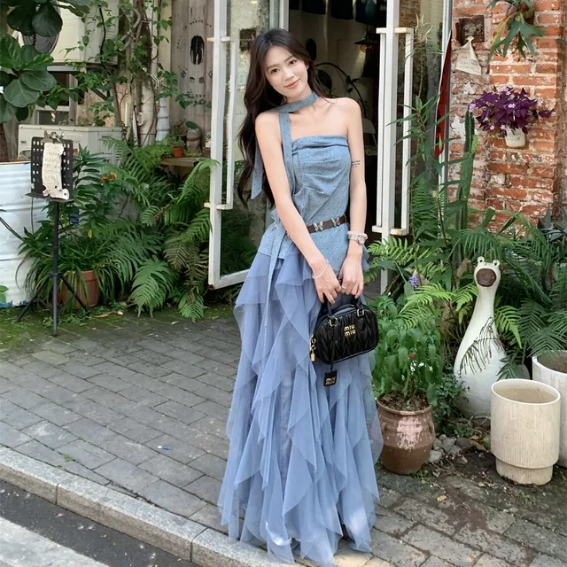 法式温柔风时尚套装女夏季甜美蓝色波点抹胸上衣网纱半身裙两件套