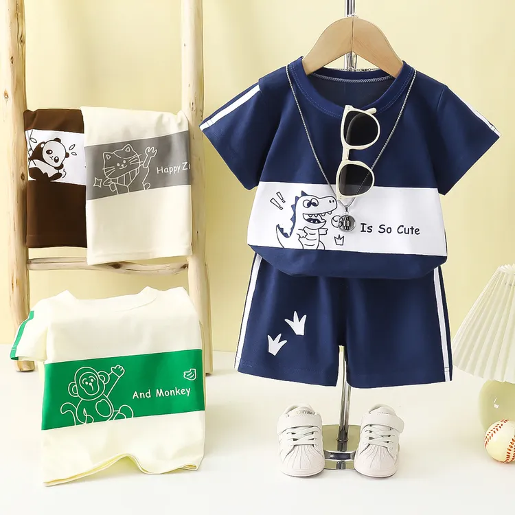 洋气儿童夏季新款短袖套装条纹女童男童t恤宝宝婴儿衣服宽松透气