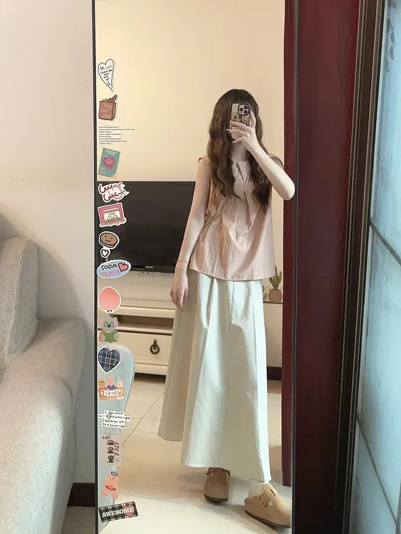 【芭乐软糖】夏季ins风休闲慵懒时尚套装粉色短袖上衣白杏色半裙女