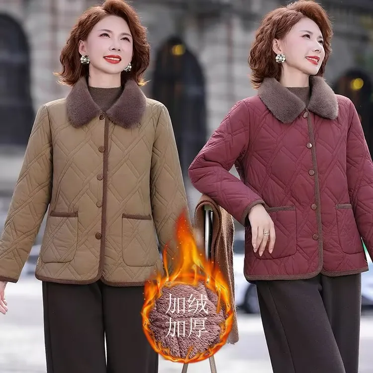 冬季新款洋气时尚加大码妈妈装翻领加绒外套棉衣#676