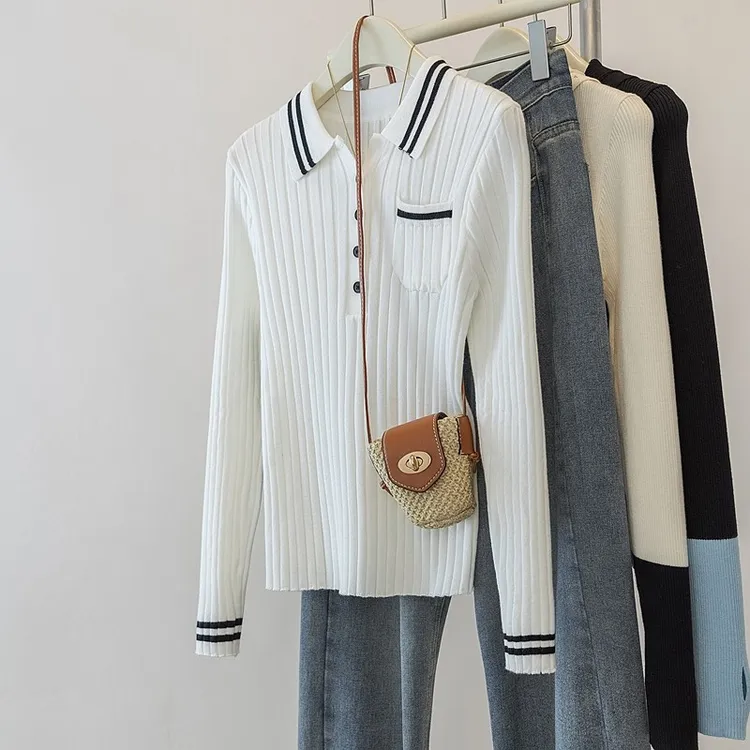 CHUDUOMI/初朵蜜白色针织衫秋冬长袖上衣复古撞色内搭修身毛衣