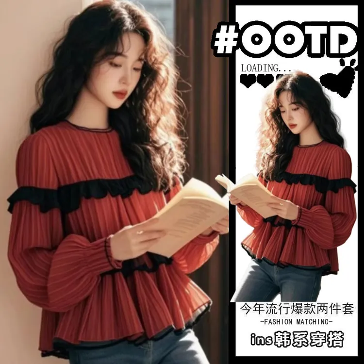 红色设计感法式高级感长袖衬衫女装春季木耳边独特甜美娃娃衫上衣