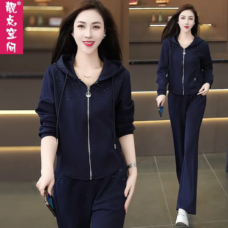 减龄运动套装女2025春秋新款时尚显瘦连帽烫钻洋气卫衣休闲两件套