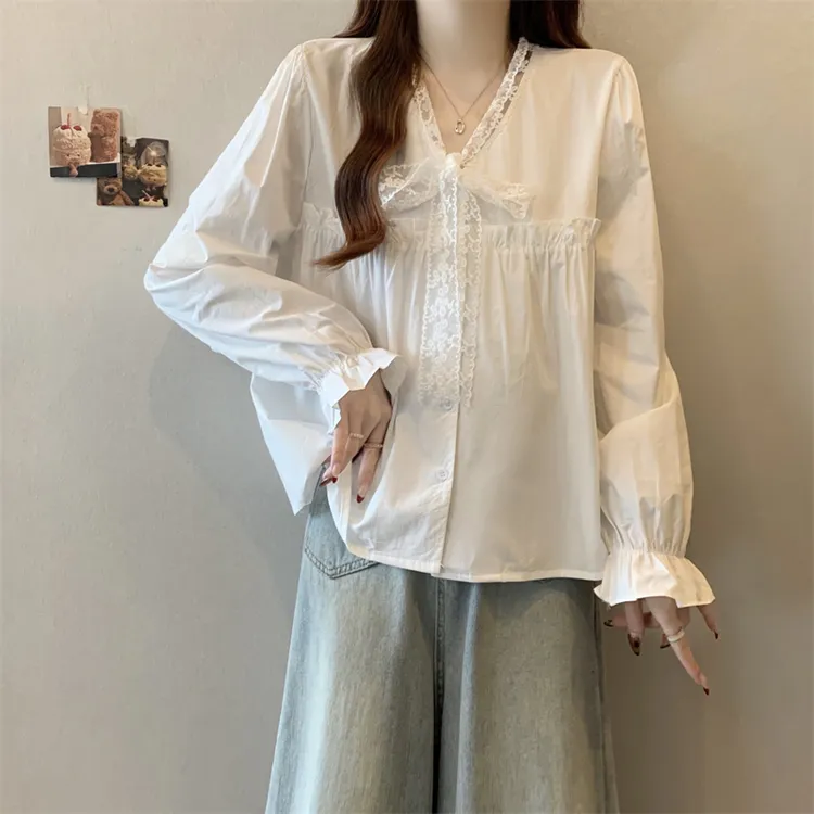 大码胖MM2025早春款蕾丝拼接法式甜美蝴蝶结长袖衬衫女设计感上衣