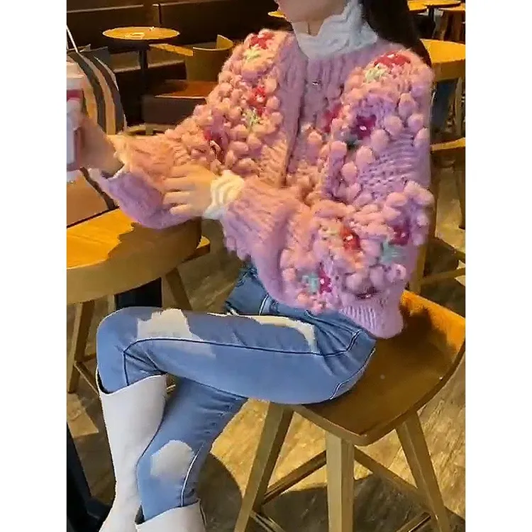mojitos毛衣女秋冬2025年新款覆古重工钩花设计感小众粉色针织衫
