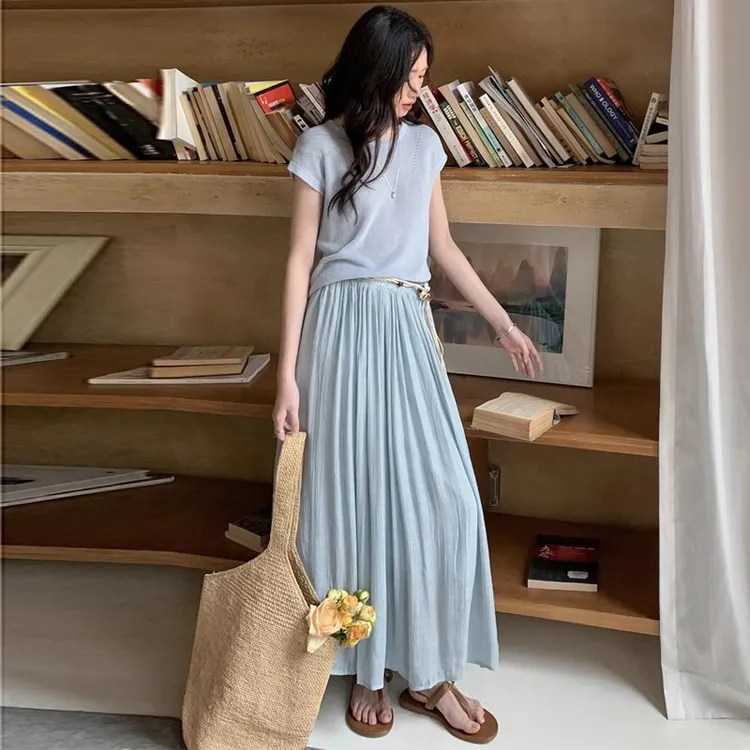 2025夏季新款韩版时尚圆领短袖T恤+高腰显瘦半身裙两件套女百搭