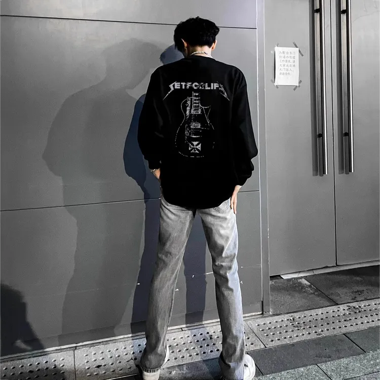 美式高街潮牌印花长袖t恤男春秋宽松休闲纯棉小领口打底衫ins上衣