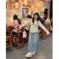 早秋穿搭减龄一整套装女装胖mm大码绑带露肩长袖T恤+牛仔半身裙
