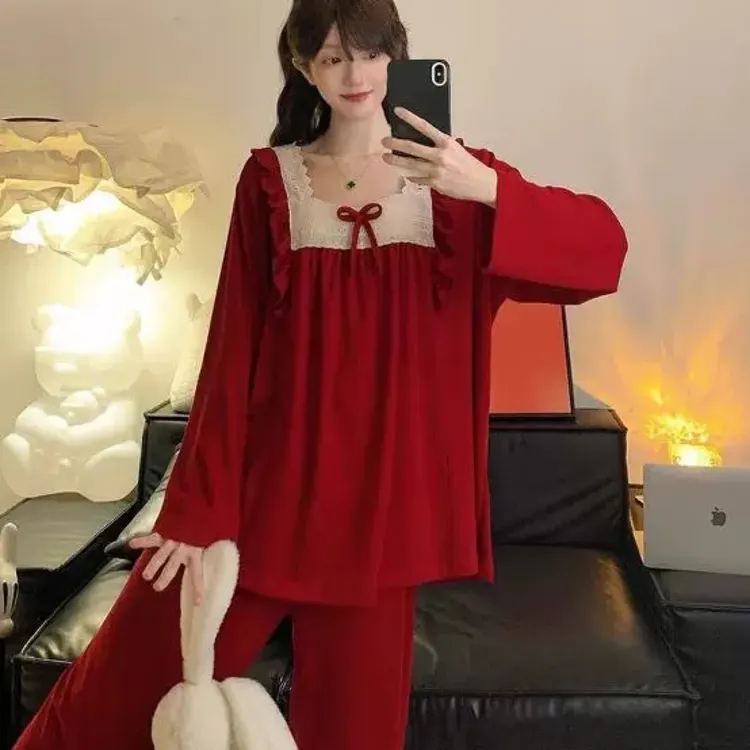 【公主领加厚】大码睡衣120-260斤秋冬甜美可爱蕾丝拼接家居服