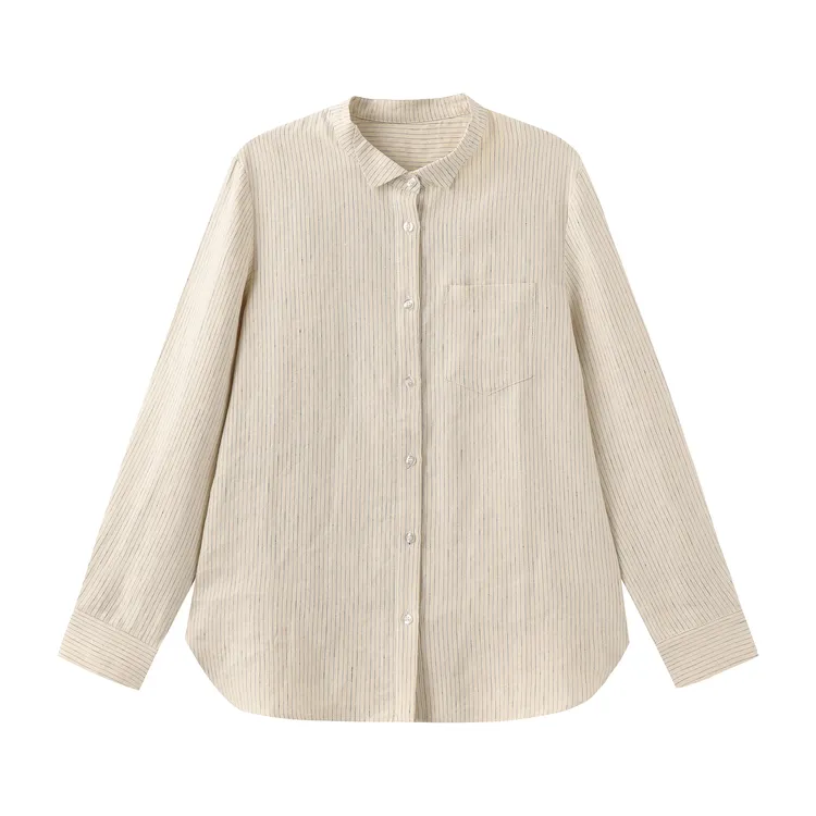 JSTZ 【素野】纯天然汉麻廓形百搭小立领条纹衬衣 女   S57