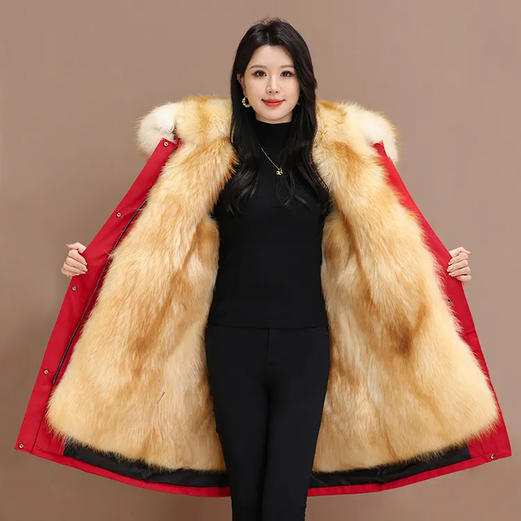 海宁派克服女可拆卸皮毛一体加绒加厚仿狐狸毛皮草长款妈妈装外套