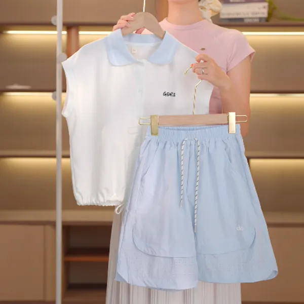 女童夏季短袖POLO衫T恤套装中大童女孩夏装薄款裤中裤两件套1