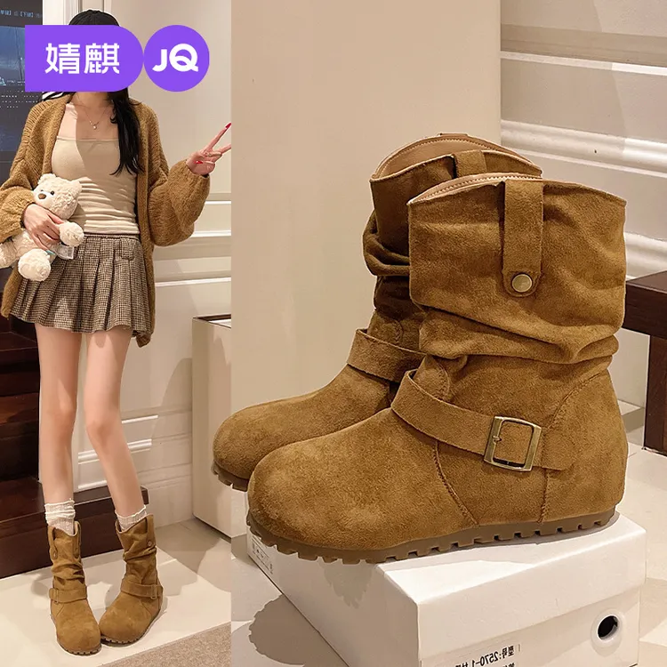 婧麒内增高女靴2025款秋冬季明星同款鞋女款时尚百搭时装短筒靴子