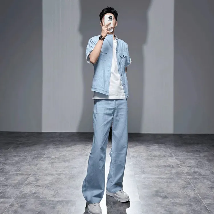 莱德的搭配夏季短袖百搭牛仔套装男宽松薄款潮流男士新款套装夏季