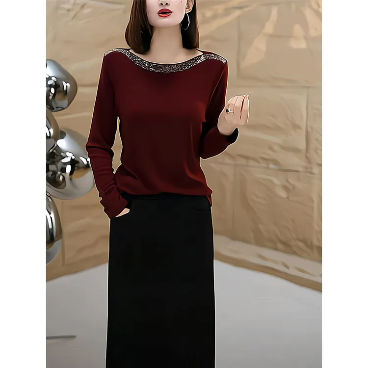2025早秋新款时尚重工烫钻洋气长袖T恤女小众修身显瘦打底衫上衣