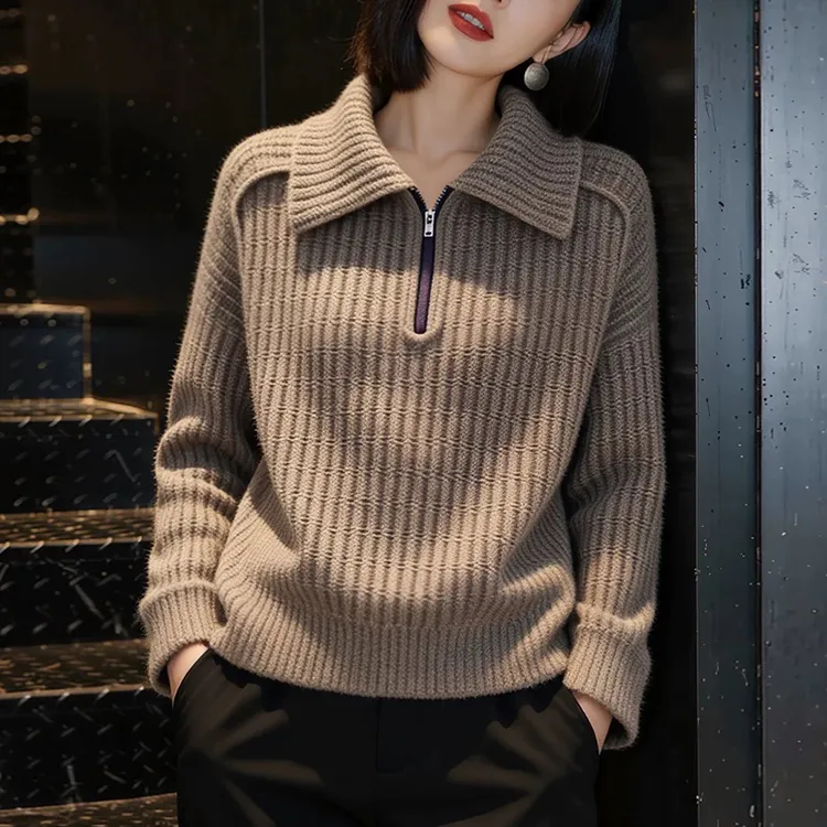 慵懒风翻领毛衣女士秋冬新款高级感软糯宽松显瘦半拉链针织衫上衣