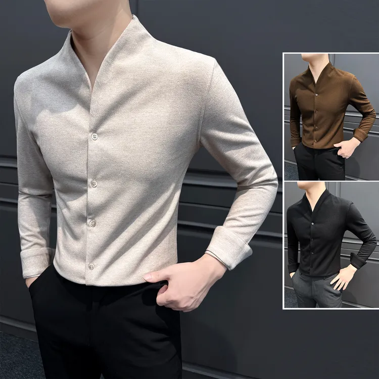 新中式羊毛V领长袖衬衫男款2025新款秋冬款毛呢厚款保暖男士衬衣