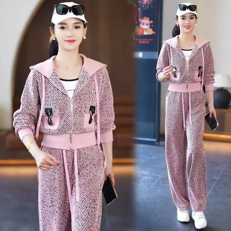 新款时髦休闲运动套装女2025春季洋气显瘦连帽开衫阔腿裤两件套潮
