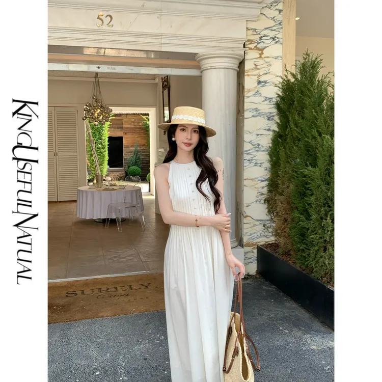 KUN【白风琴】夏日降温 法式白色无袖挂脖连衣裙女夏季气质长裙子潮