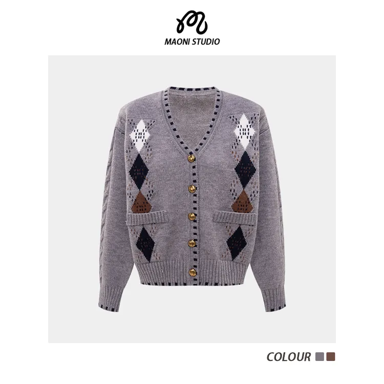 毛妮LADIESFIRST V领灰色针织开衫女秋冬新款修身显瘦毛衣L2738