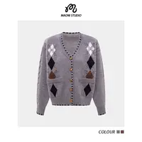 毛妮LADIESFIRST V领灰色针织开衫女秋冬新款修身显瘦毛衣L2738