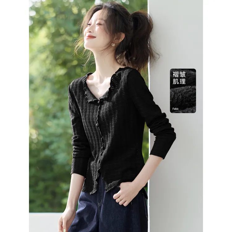 显白显瘦长袖2025秋季新款气质肌理感褶皱分割开叉V领简约T恤潮