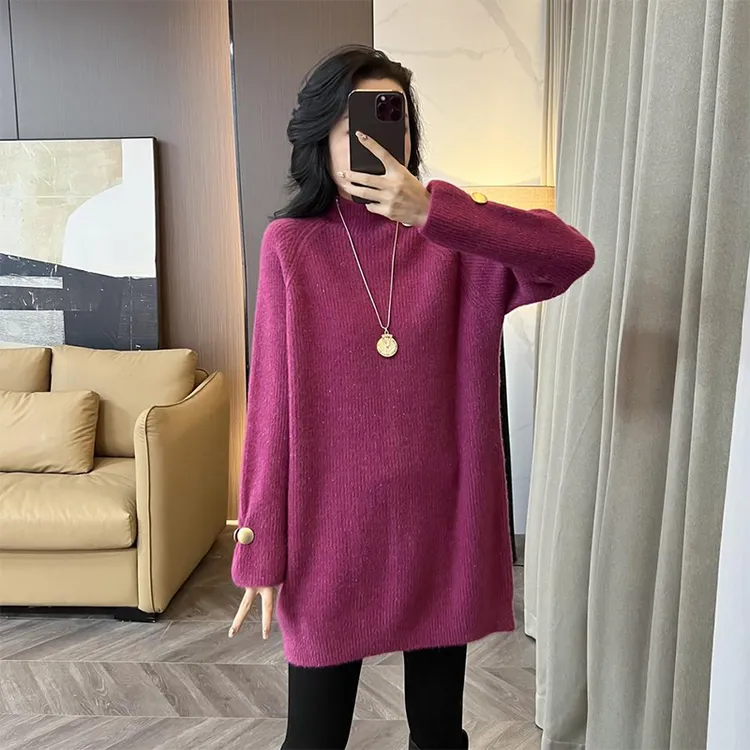 中长款亮丝加厚毛衣女2025秋冬新款宽松纽扣设计感半高领针织上衣