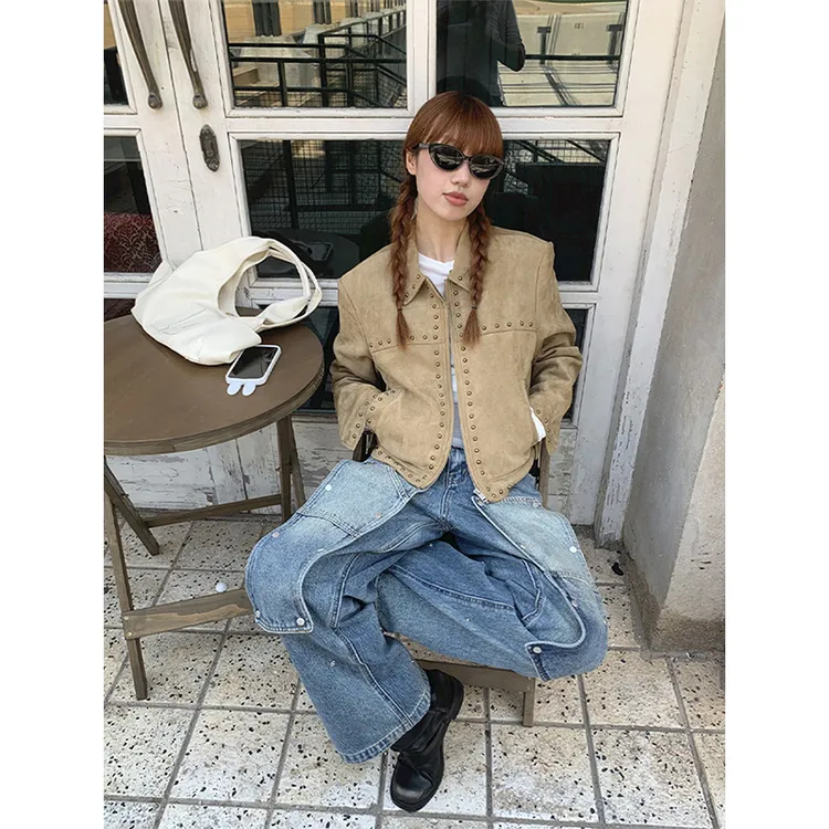 美拉德穿搭复古机车夹克复古INS风铆钉麂皮绒短款外套女上衣秋季