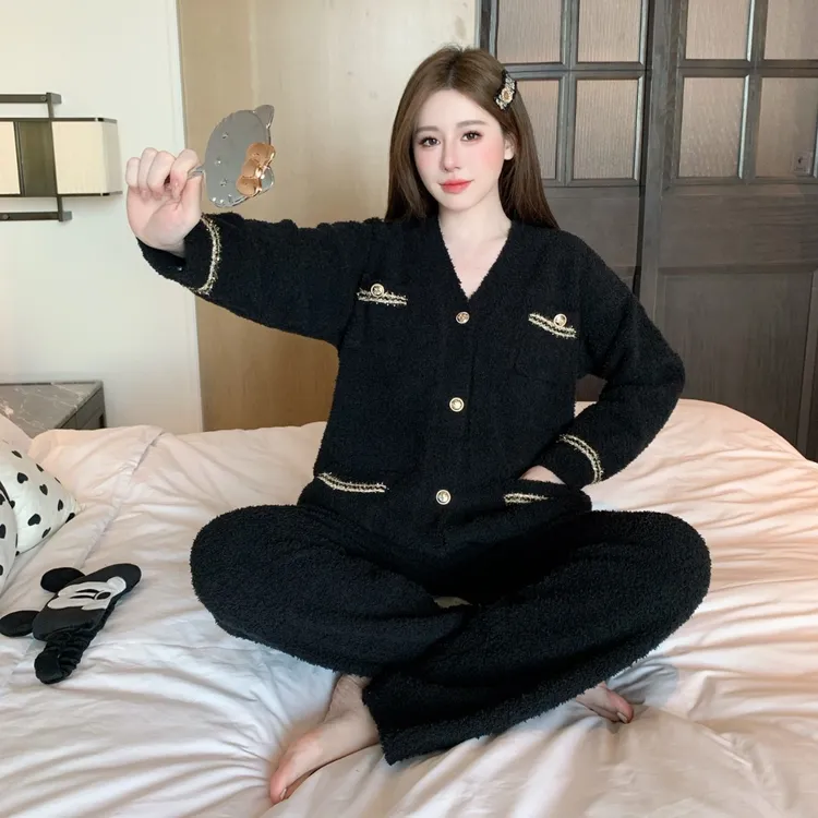 女孩子睡衣秋冬款小香风开衫半边绒保暖软绵绵套装加厚外穿家居服