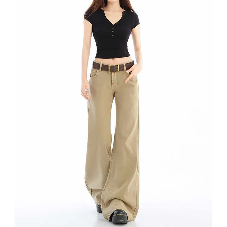 美式复古辣妹卡其色牛仔裤女2025夏季新款低腰拖地不贴腿微喇裤子