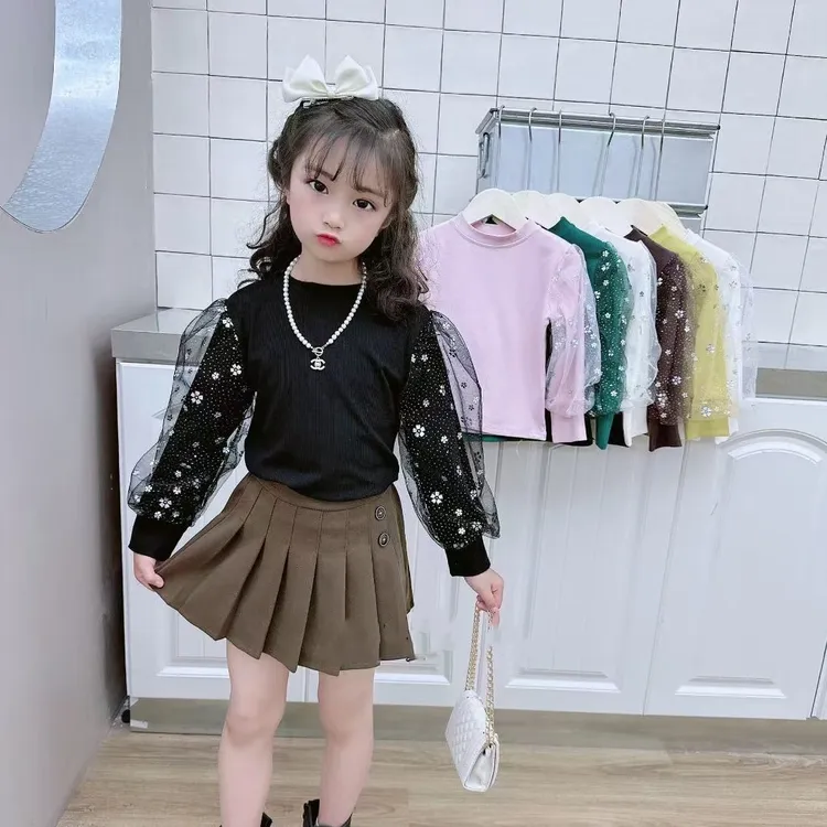 巴拉2025新款洋气韩版女童秋季纯色圆领长袖T恤外贸上衣