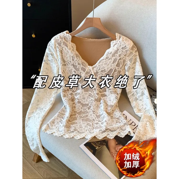 蕾丝v领加绒德绒打底衫女秋季大衣内搭义乌巨好看上衣独特掐腰T恤