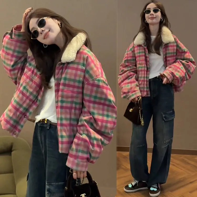 又酷又飒的女装套装女复古时髦百搭宽松加厚格纹羊羔毛外套牛仔裤