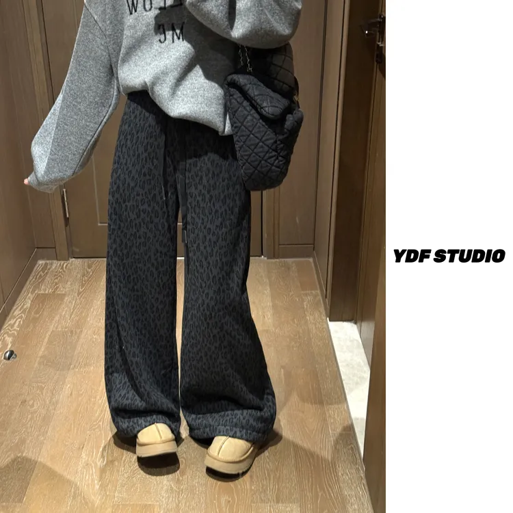 YDFSTUDIO小众【狂野派】欧货重工高品豹纹抽绳设计加绒百搭阔腿裤