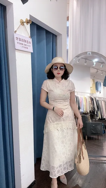 三分袖新中式立领长裙长旗袍旗袍无袖小香风时尚长款修身提花