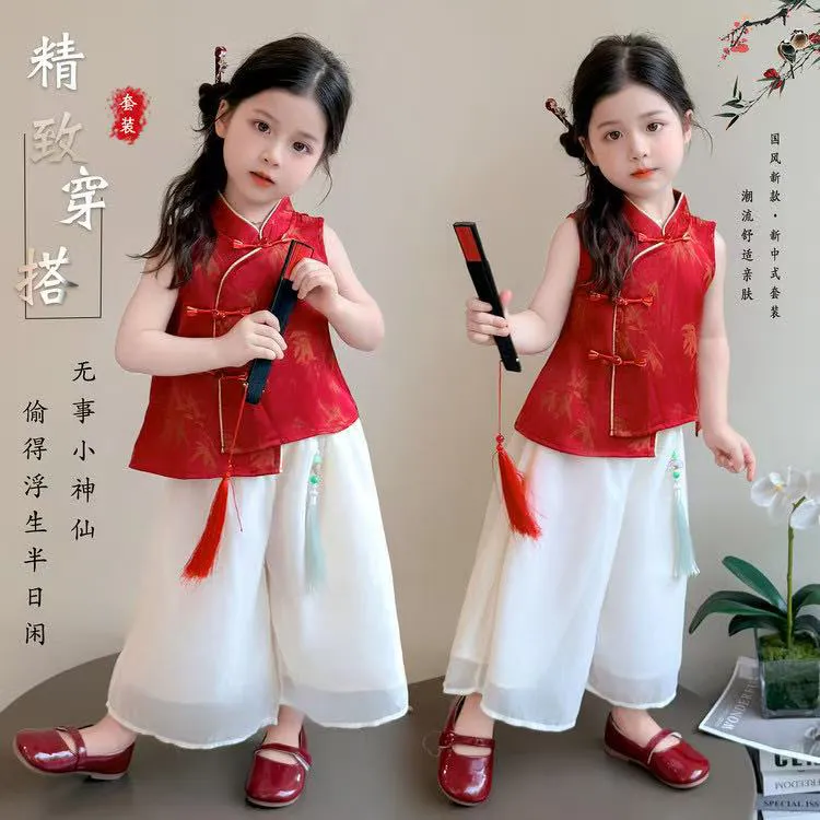 2025新款汉服单排扣国风套头中式夏季套装洋气新中式儿童服装