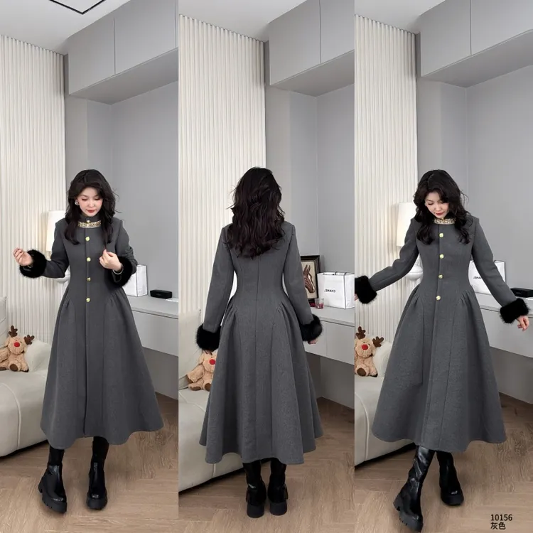 Saeda品牌女装法式高级秋冬收腰钻链立领连衣裙式大衣 YF10156