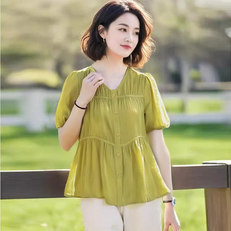 今年流行气质独特短袖衬衫大码女装夏季遮肚子显瘦a字版小衫上衣