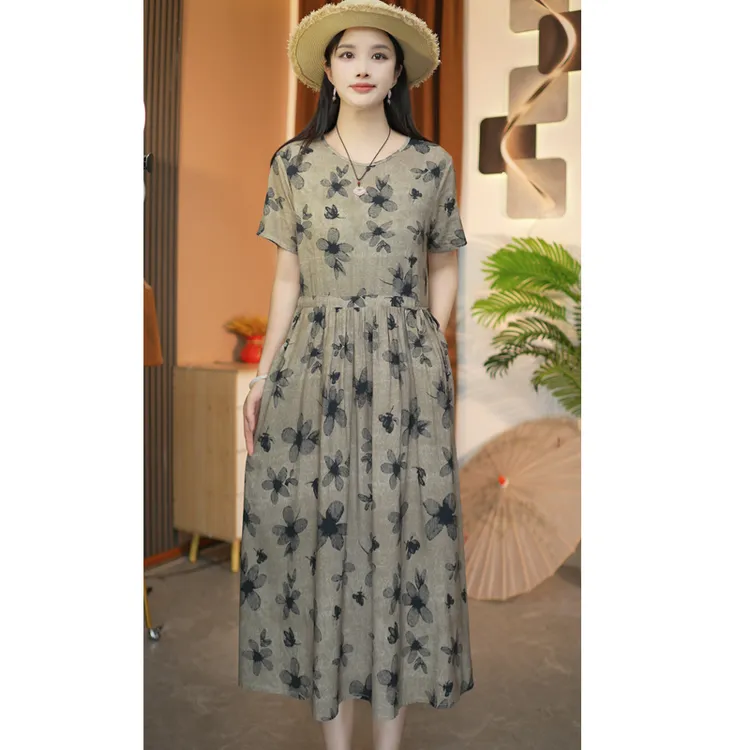 古韵花色妈妈装中长款棉绸裙子夏季新款时尚短袖系带大码连衣裙