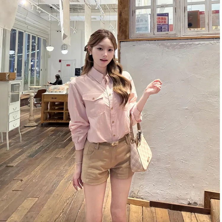 美式复古老钱风粉色Polo领衬衫女2025秋季设计感衬衣休闲百搭上衣