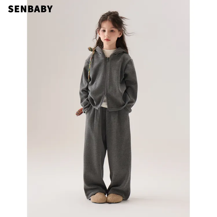 【亲子】senbaby女童冬装休闲套装新款加绒帽衫+直筒长裤两件套