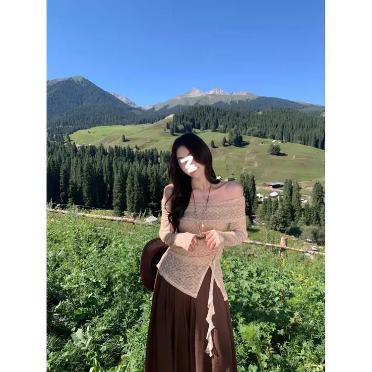 温柔风甜美气质套装一字肩开叉格纹长袖蕾丝衫女早秋休闲裤两件套