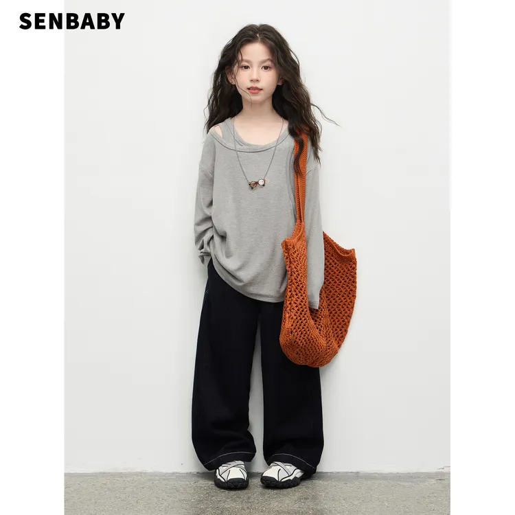 【现货亲子】童装女童25长袖秋季设计感假两件上衣简约灰色纯色T恤