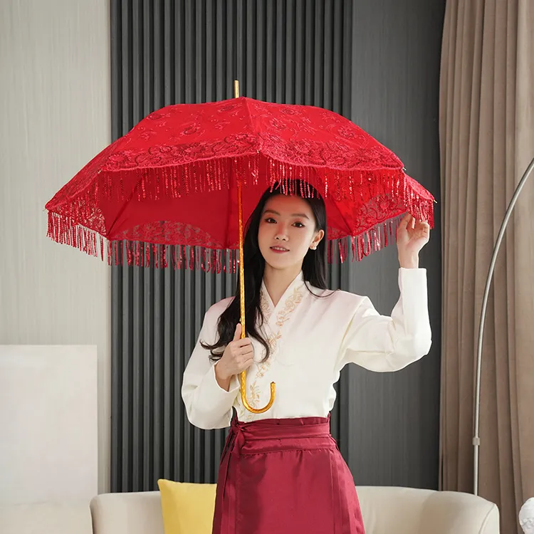 新款大红刺绣长柄结婚新娘伞喜庆婚庆订婚出门出嫁用双层流苏