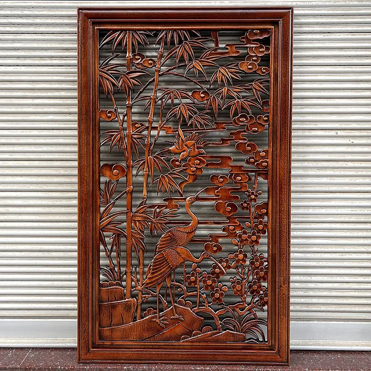 东阳木雕实木香樟木竹报平安挂件新中式木质竹子客厅玄关装饰壁饰