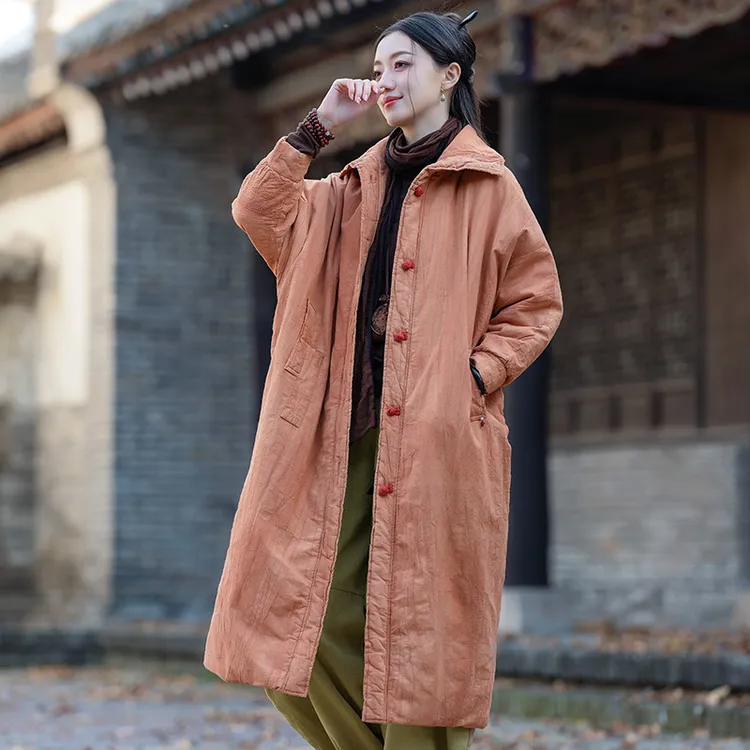 冬季外套棉服长款保暖棉袄外套苎麻手工扎染大码宽松夹棉绗缝棉衣