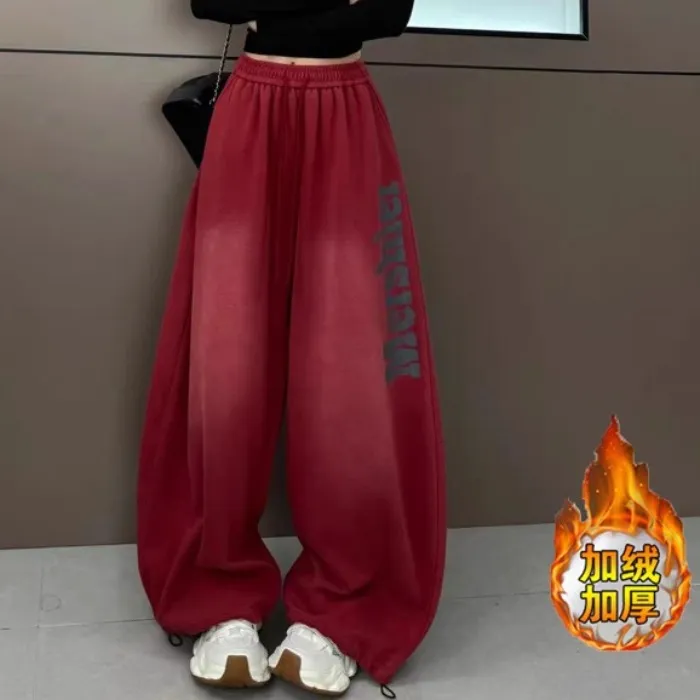 加绒加厚2025冬季复古渐变色抽绳重工字母印花阔腿高腰宽松休闲裤