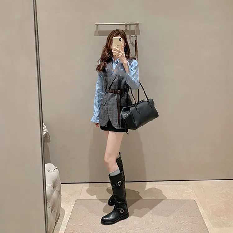 秋冬新款超酷出街~ 时尚圆头时髦皮带扣粗跟长靴女高筒骑士靴