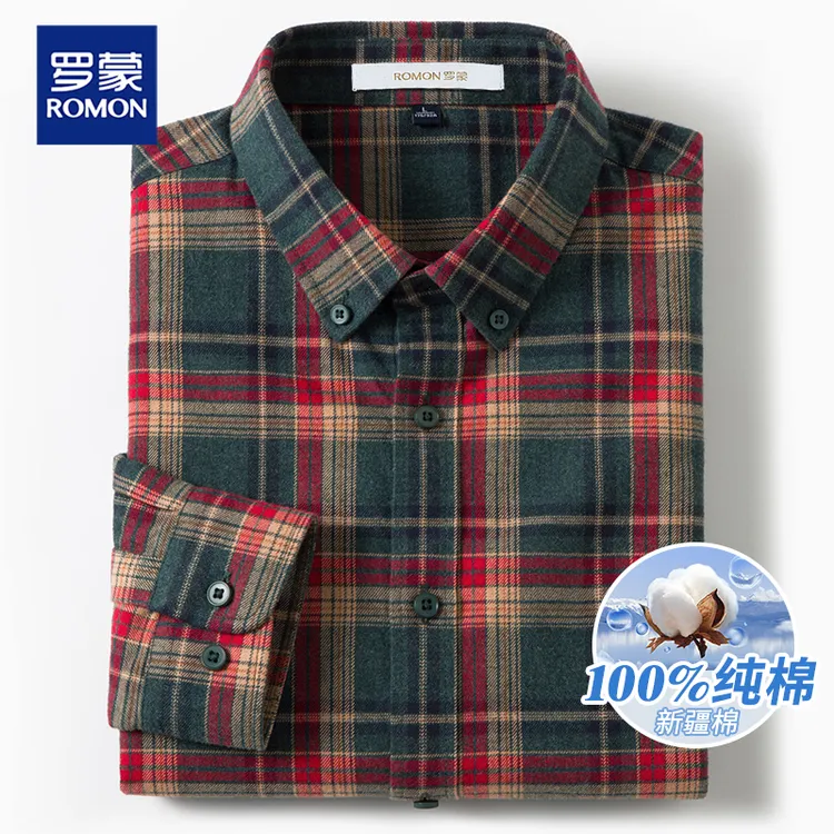 罗蒙100%纯棉男士绿红格子衬衫外套高端长袖商务休闲衬衣时尚男装